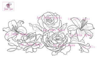 Coloring page, Peonies, Rose, Lily, Bridal bouquet. Wedding Flowers - The Art of Julia Spiri