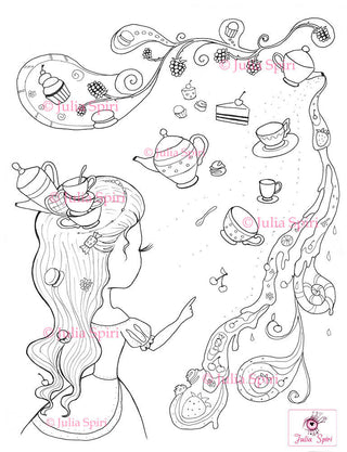 Coloring Page, Teapot, Cup and Cake. The Princess of Tea - The Art of Julia Spiri