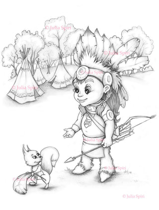 Coloring Page, Whimsy Boy in Wigwam. Indian and Squirrel - The Art of Julia Spiri
