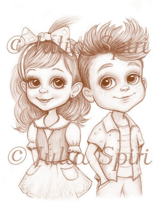 Coloring Page, Whimsy Cute Girl and Boy, Couples, Love, Fantasy, Grayscale, Sepia. You & Me - The Art of Julia Spiri
