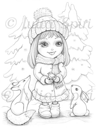 Coloring Page, Whimsy Cute Girl with folk and bunny. Winter walk - The Art of Julia Spiri