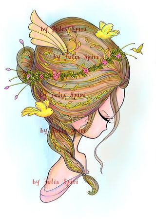 Coloring page, Whimsy Girl. The Birds and Hair - The Art of Julia Spiri