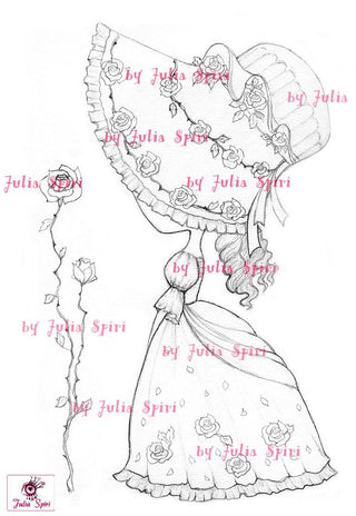 Coloring page, Whimsy Girl with rose. The Victorian Hat - The Art of Julia Spiri
