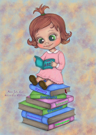 Coloring Page, Whimsy Girl with School Books. Little Pupil - The Art of Julia Spiri