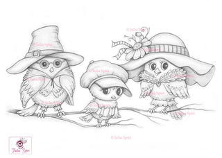 Coloring Page, Whimsy Sparrows: Dad, Mom, Son. Family of Birds - The Art of Julia Spiri