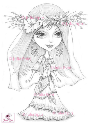 Coloring Pages, Bride, Boho, Flowers, Bohemian, Fantasy, Whimsical, Crafting, Making cards. Boho bride - The Art of Julia Spiri