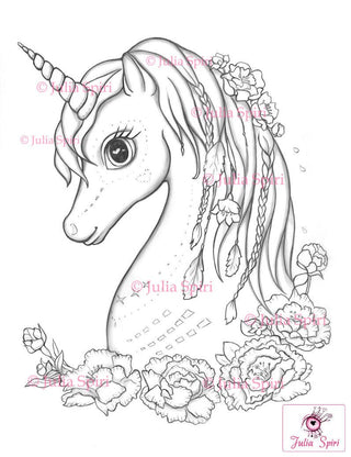 Coloring Pages, Fantasy Unicorn with Flowers. Spirit Dreamer - The Art of Julia Spiri