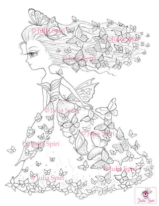 Coloring Pages, Girl, Butterfly, Fantasy, Whimsical, Cardmaking. The Fantasy Dress Collection. The Butterfly Dress - The Art of Julia Spiri