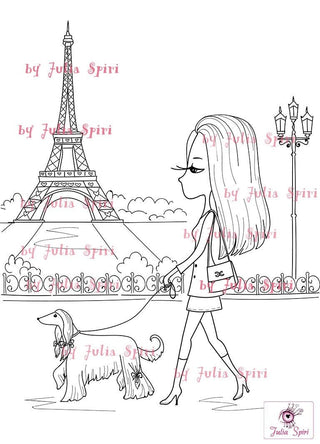 Coloring, Parisian Girl and Dog. Promenade in Paris - The Art of Julia Spiri