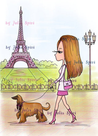 Coloring, Parisian Girl and Dog. Promenade in Paris - The Art of Julia Spiri