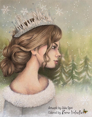 Grayscale Coloring Page, Digital stamp, Digi, Girl, Fantasy, Realistic women, Snow, Crown, Crafting, Scrap, Black & White. Winter Queen - The Art of Julia Spiri