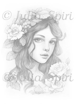 Grayscale Coloring Page, Fantasy Portrait of Girl with Flowers. Adeline - The Art of Julia Spiri