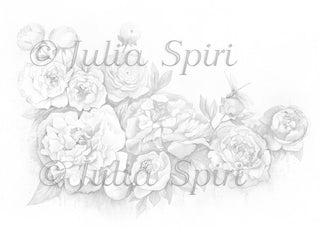 Grayscale Coloring Page, Flowers. Peonies and dragonfly - The Art of Julia Spiri