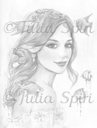 Grayscale Coloring Page, Girl Portrait with Fish. Iris - The Art of Julia Spiri