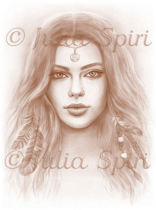 Grayscale Coloring Page, Girl, Realistic Portrait, Fantasy, Boho, Feathers, Grayscale. Onalee - The Art of Julia Spiri
