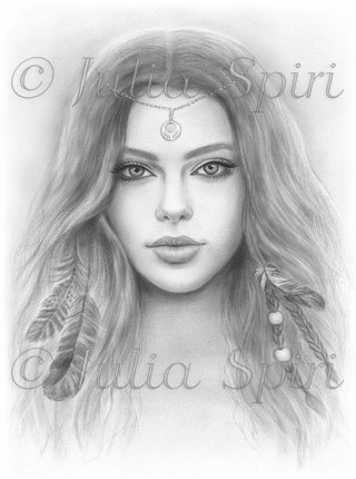 Grayscale Coloring Page, Girl, Realistic Portrait, Fantasy, Boho, Feathers, Grayscale. Onalee - The Art of Julia Spiri