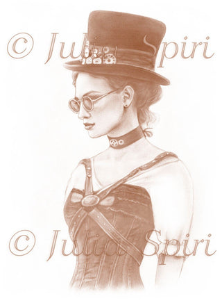 Grayscale Coloring Page, Girl, Realistic Portrait, Fantasy, Steampunk, Hat, Grayscale. Lucy - The Art of Julia Spiri