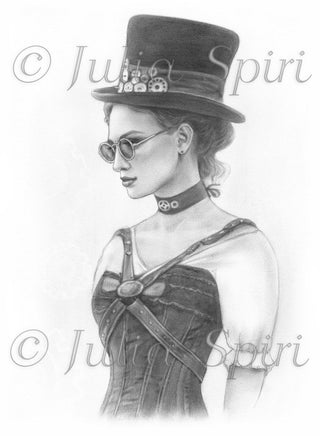 Grayscale Coloring Page, Girl, Realistic Portrait, Fantasy, Steampunk, Hat, Grayscale. Lucy - The Art of Julia Spiri