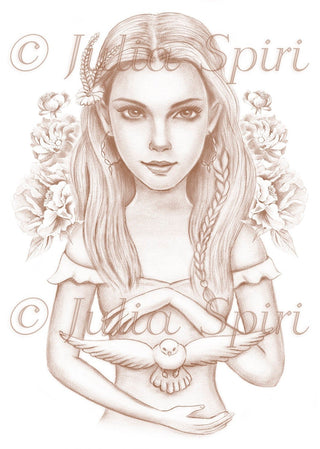 Grayscale Coloring Page, Girl with Dove. Peace - The Art of Julia Spiri
