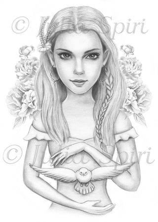 Grayscale Coloring Page, Girl with Dove. Peace - The Art of Julia Spiri