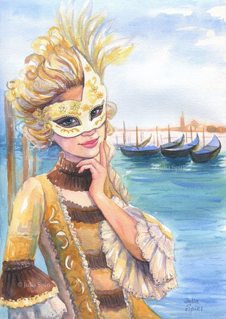 Grayscale Coloring Page, Girl with Mask in Venice, Gondolas. Venetian fairytale - The Art of Julia Spiri