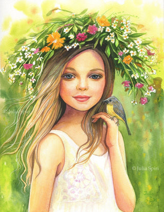 Grayscale Coloring Page, Girl with Spring Flowers and Bird. Hope - The Art of Julia Spiri