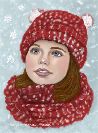 Grayscale Coloring Page, Little Cute Girl in Winter. Snowflakes - The Art of Julia Spiri