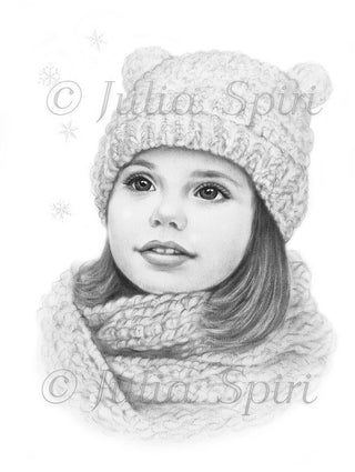 Grayscale Coloring Page, Little Cute Girl in Winter. Snowflakes - The Art of Julia Spiri