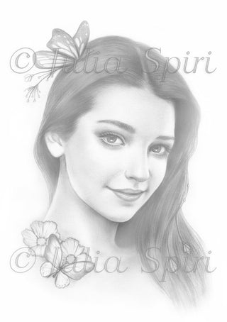 Grayscale Coloring Page, Realistic Girl Portrait. Amelia - The Art of Julia Spiri