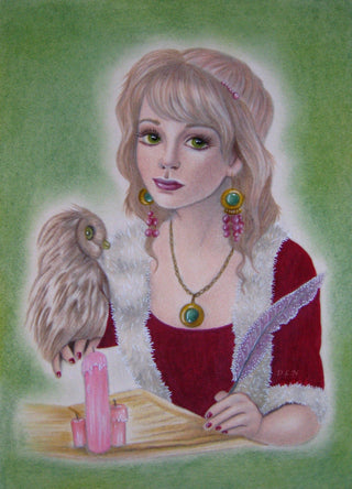 Grayscale Coloring Page, Realistic Portrait, Girl with Owl, Vintage, Medieval, Grayscale. Elisabeth - The Art of Julia Spiri