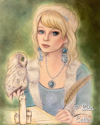 Grayscale Coloring Page, Realistic Portrait, Girl with Owl, Vintage, Medieval, Grayscale. Elisabeth - The Art of Julia Spiri