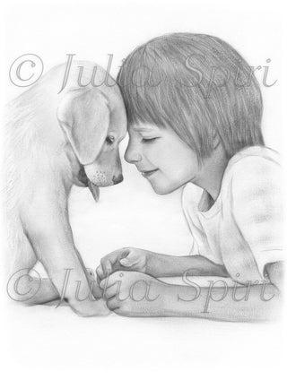 Grayscale Coloring Page, Realistic Portrait of Boy and Dog. Dogs lover - The Art of Julia Spiri