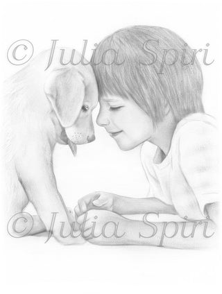 Grayscale Coloring Page, Realistic Portrait of Boy and Dog. Dogs lover - The Art of Julia Spiri