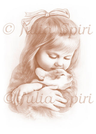 Grayscale Coloring Page, Realistic Portrait of Little Girl with Cat Tenderness - The Art of Julia Spiri