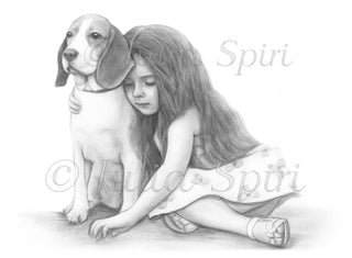 Grayscale Coloring Page, Realistic Portrait of Little Girl with Dog. Furry Friend - The Art of Julia Spiri