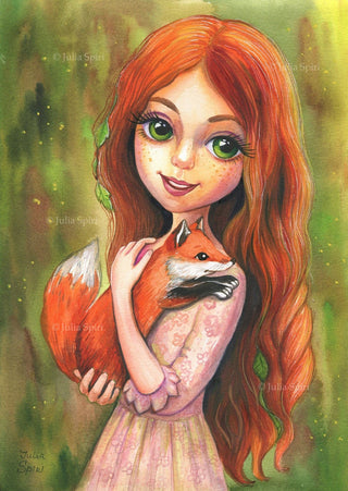 Grayscale Coloring Page, Redhead Girl with Fox. Roxy and Foxy - The Art of Julia Spiri