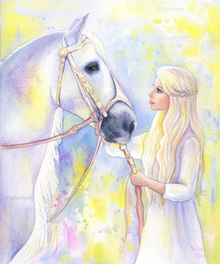 Grayscale Coloring Page, Romantic Girl. Grace and horse - The Art of Julia Spiri