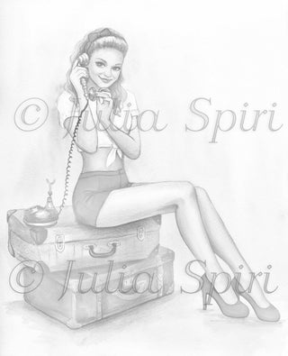 Grayscale Coloring Page, Vintage Girl with Phone in Case Baggage. Kelly - The Art of Julia Spiri