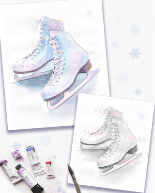GRAYSCALE Ice Skates Coloring Pages, Digital stamp, Digi, Winter, Figure skating, Skater. - The Art of Julia Spiri