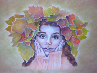 Grayscale Coloring Page, Realistic Girl Portrait with Leaves. Autumn