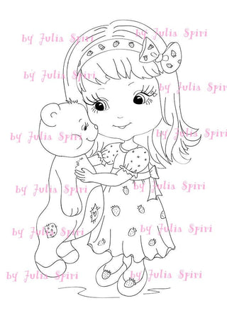 INSTANT DOWNLOAD Digital Stamps Digi Stamps Coloring Pages, Clip art, Teddy stamps, Printable Downloads, Line art. Girl with Teddy - The Art of Julia Spiri