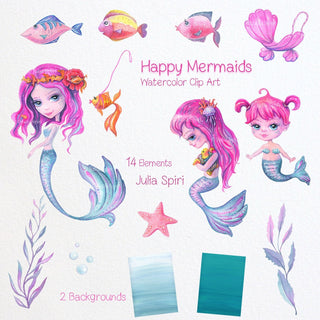 Mermaid Watercolor Clipart, Siren, Sea, Starfish, Underwater, Fish, Pink, Seaweed, Planner Sticker, Family, Baby, Diy Pack. Happy Mermaids - The Art of Julia Spiri