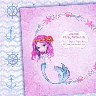 Mermaid Watercolor Digital Paper Pack, Siren, Seamless Patterns, Sea, Fish, Baby, Underwater, Nautical, Planner Stickers diy. Happy Mermaids - The Art of Julia Spiri