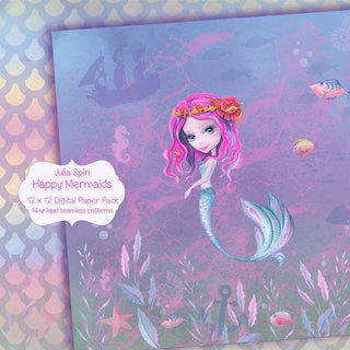 Mermaid Watercolor Digital Paper Pack, Siren, Seamless Patterns, Sea, Fish, Baby, Underwater, Nautical, Planner Stickers diy. Happy Mermaids - The Art of Julia Spiri