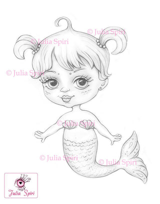 Mermaids Coloring Pages, Digital stamp, Sea, Fish, Family, Mother, Daughter, Baby, Whimsy, Crafting, cards. Baby Mermaid - The Art of Julia Spiri