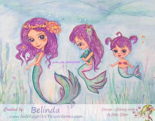 Mermaids Coloring Pages, Digital stamp, Sea, Fish, Family, Mother, Daughter, Baby, Whimsy, Crafting, cards. Baby Mermaid - The Art of Julia Spiri