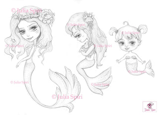 Mermaids Coloring Pages, Digital stamp, Sea, Fish, Family, Mother, Daughter, Baby, Whimsy, Crafting, cards. The Set of 3 Happy Mermaids - The Art of Julia Spiri