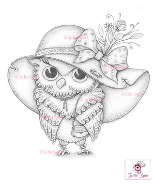 Owl Coloring Page, Digital stamp, Digi, Fashion, Hat, Bird, Bag, Bow, Crafting, Fantasy, Whimsy, Craft. Owl Fashionista - The Art of Julia Spiri