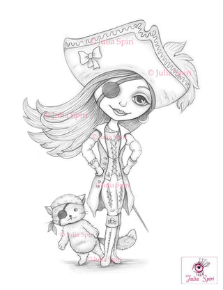 Pirate Coloring Page, Digital stamp, Digi, Girl, Cat, Pirates, Adventure, Fantasy, Crafting, Fairytale, Whimsy craft. Madison - The Art of Julia Spiri