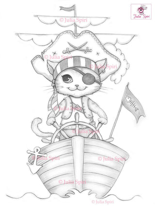Pirate Coloring Page, Digital stamp, Digi, Girl, Cats, Pirates, Adventure, Sea rover, Ship, Crafting, Fairytale, Whimsy craft. Captain Cat - The Art of Julia Spiri